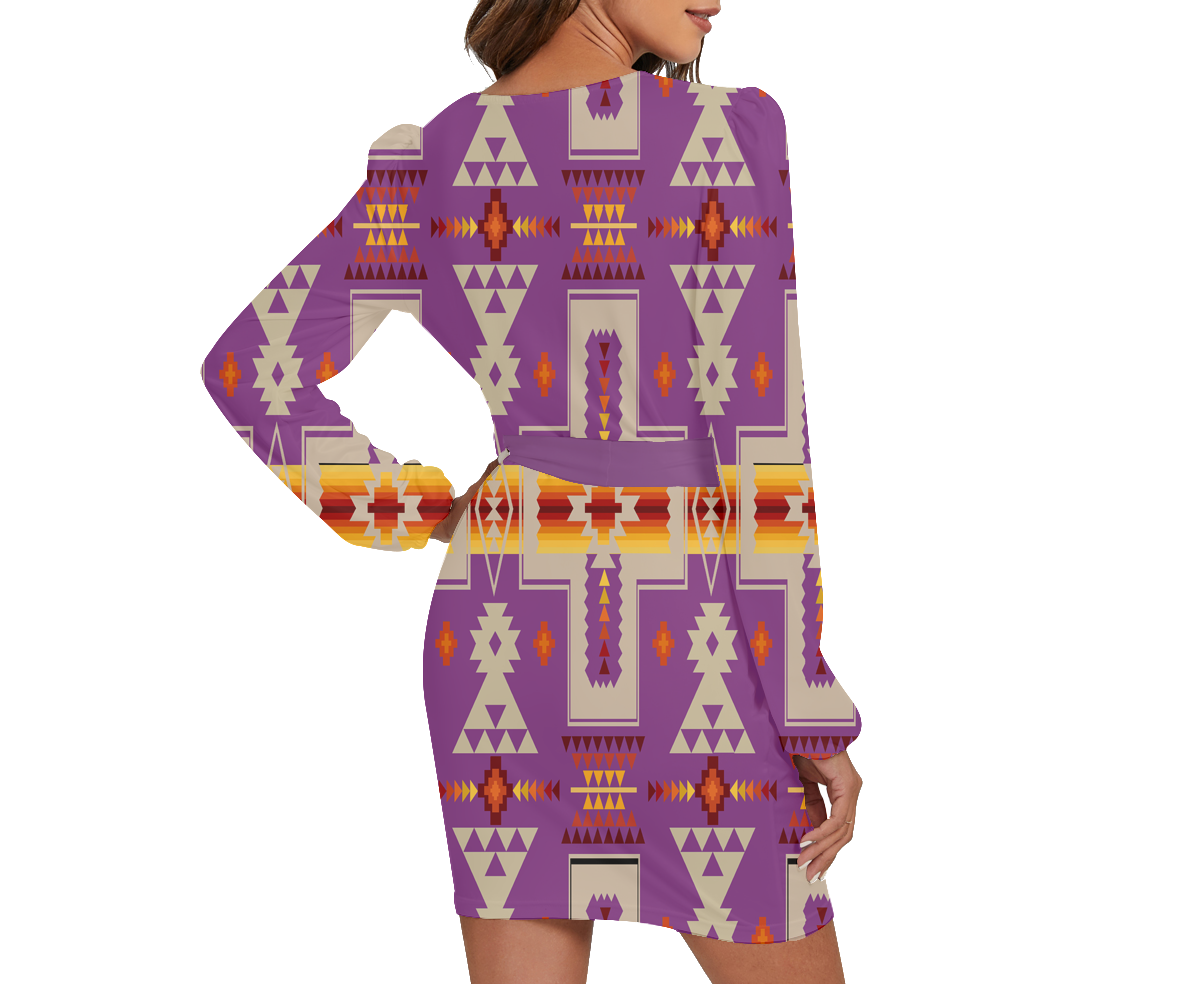 Powwow Storegb nat00062 07 pattern native long sleeve dress with waist belt