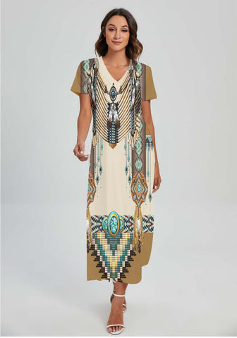 Powwow StoreGBNAT00059 Pattern Native Vneck Dress With Side Slit