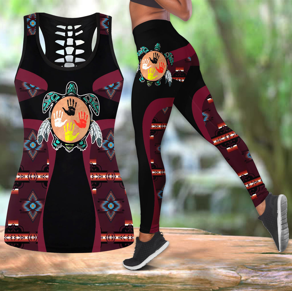 COMB2101 Pattern Native American  Hollow Tank Top And Legging Sets