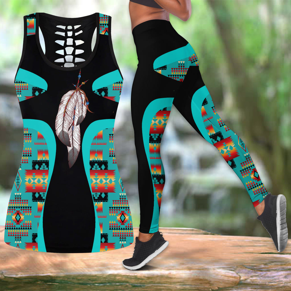 COMB2103 Pattern Native American  Hollow Tank Top And Legging Sets