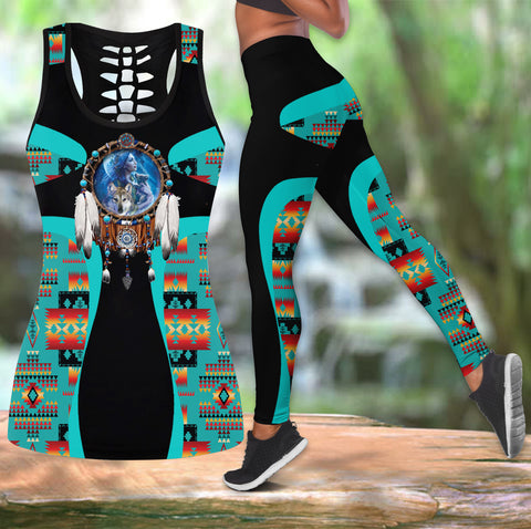 COMB2104 Pattern Native American  Hollow Tank Top And Legging Sets