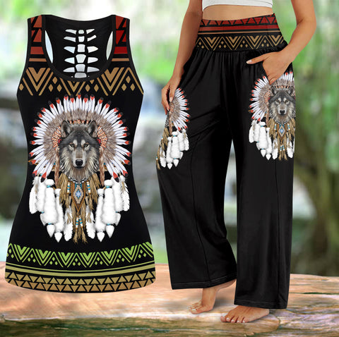 COMB2107 Wolf Native American  Hollow Tank Top And Women's Wide Leg Pants