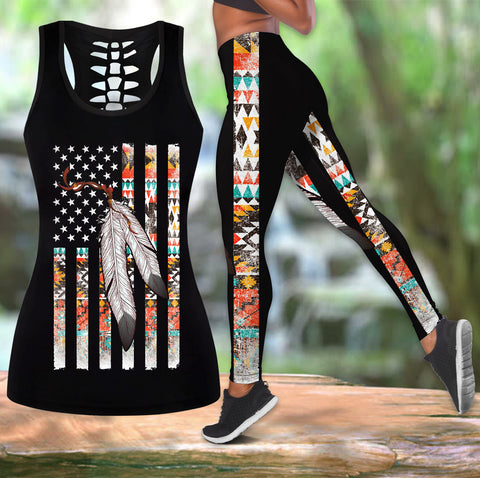 GB-NAT00108 Native American Flag Feather Hollow Tanktop - Legging Set