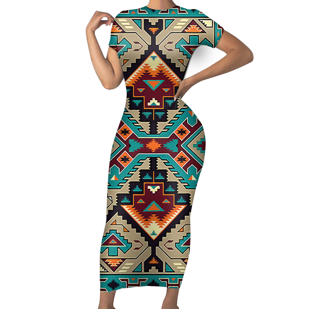 Powwow StoreGBNAT00016 Native Tribes Pattern Native American ShortSleeved Body Dress