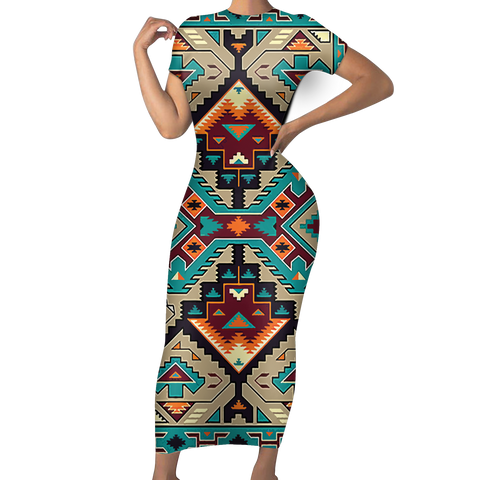 Powwow StoreGBNAT00016 Native Tribes Pattern Native American ShortSleeved Body Dress