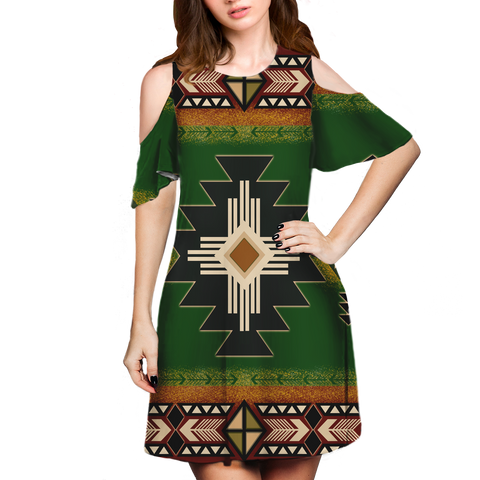 Powwow StoreGBNAT0001 Pattern Native Cold Shoulder Dress With A Round Neckline