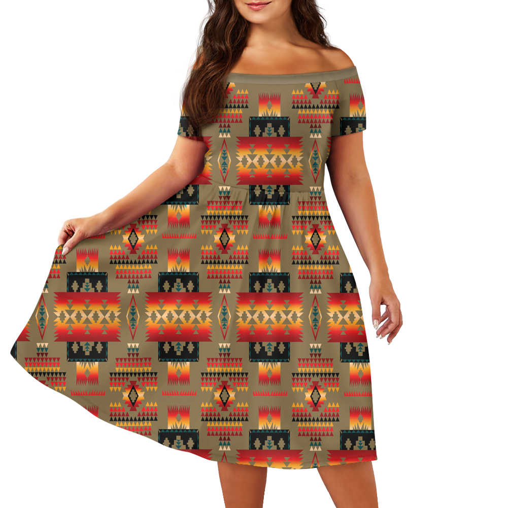 Powwow StoreGBNAT0004604 Pattern Native Off Shoulder Short Sleeved Dress