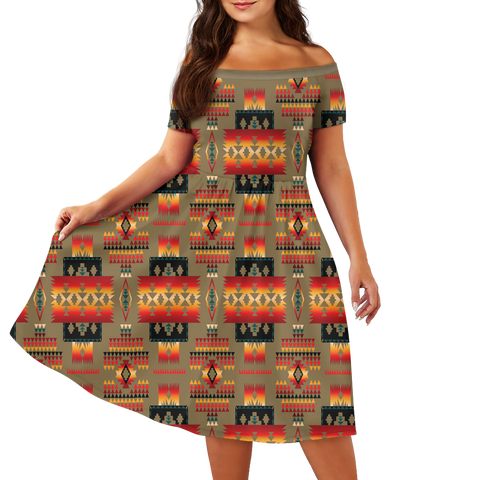 Powwow StoreGBNAT0004604 Pattern Native Off Shoulder Short Sleeved Dress