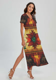 Powwow Storegb nat00068 pattern native v neck dress with side slit