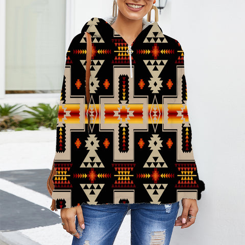 GB-NAT00062-01 Native American Women's Borg Fleece Hoodie With Half Zip