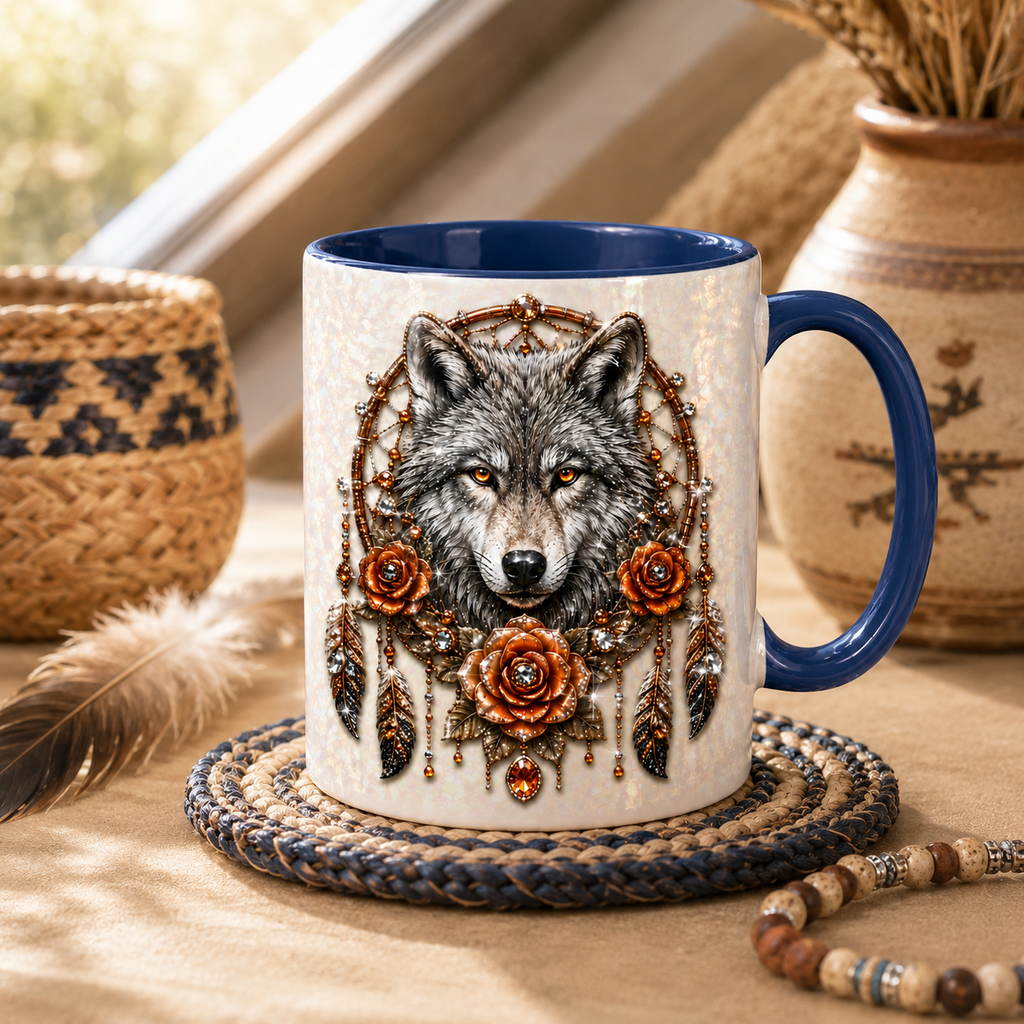 ACM109 Wolf Dreamcatcher Floral Native American Accent Mug