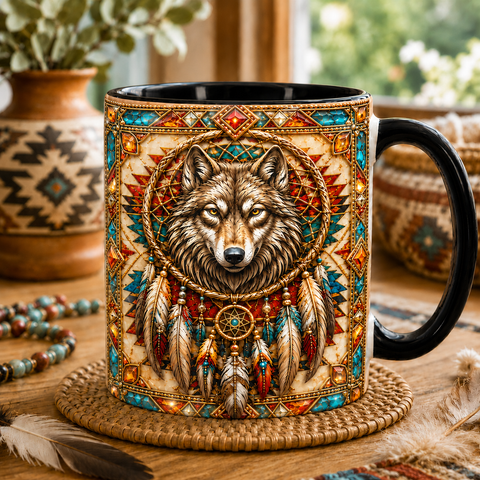 ACM111 Wolf Feather Native American Accent Mug