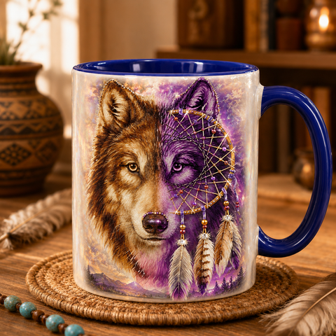 ACM114 Wolf Dreamcatcher Native American Accent Mug