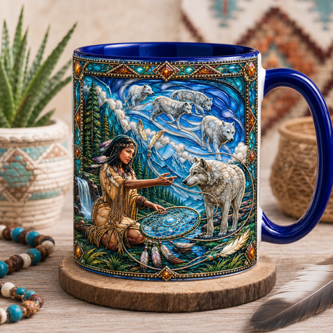 ACM124 Women and Wolf Native American Accent Mug