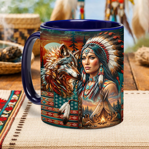 ACM43 Women and Wolf Native American Accent Mug