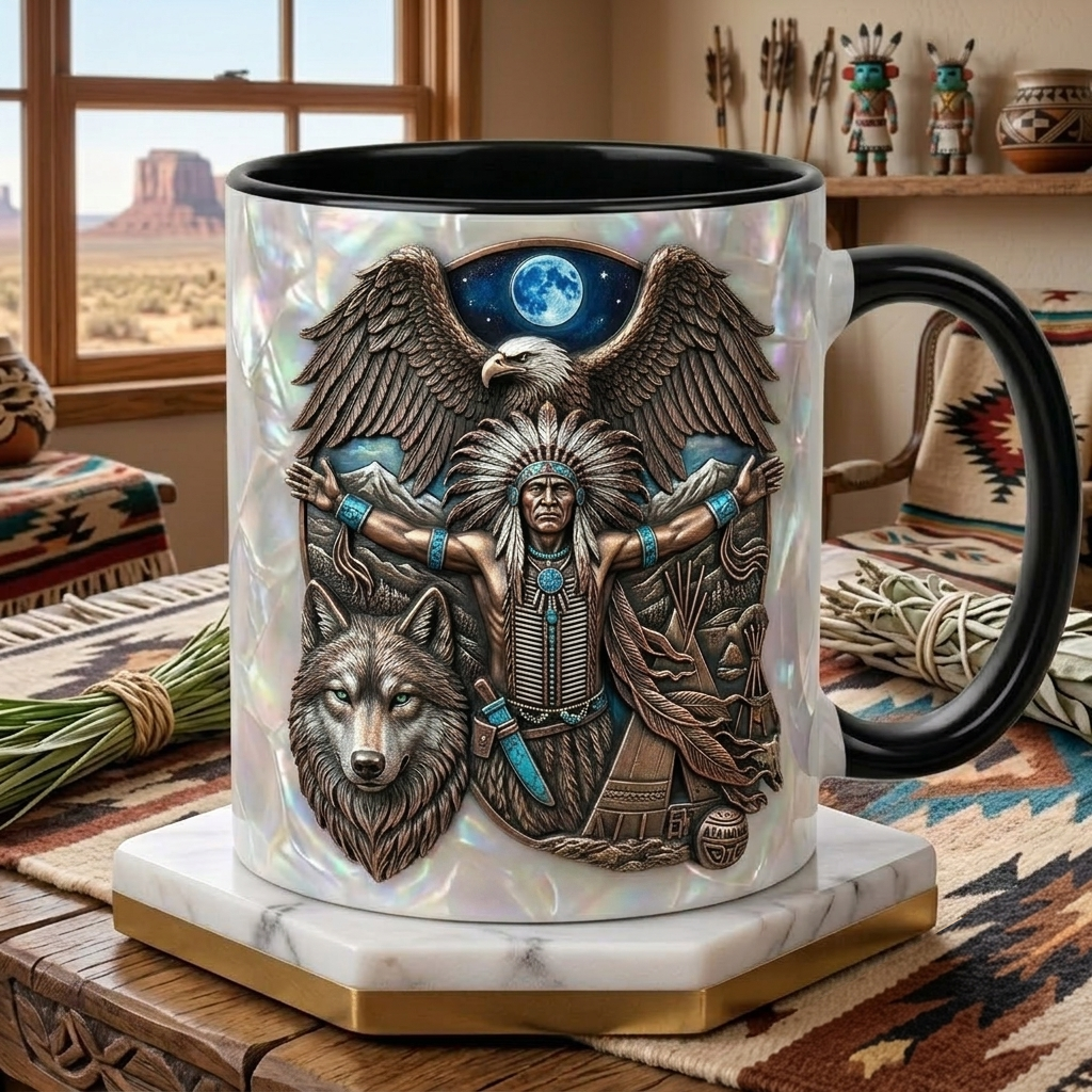 ACM80 Chief Hunter Wolf and Eagle Native American Accent Mug