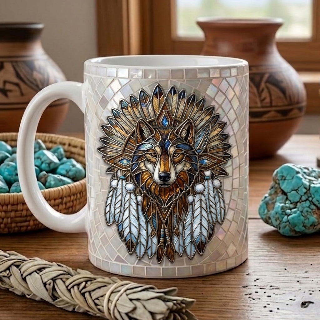 ACM98 Wolf Dreamcatcher Native American Accent Mug