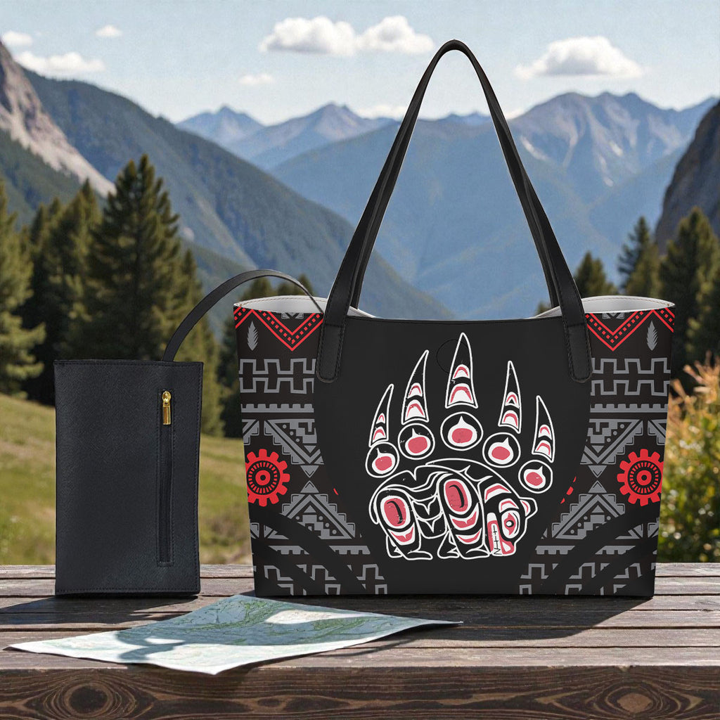 AQS0036 Bear Native American Shopping Tote Bag With Black Mini Purse