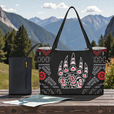 AQS0036 Bear Native American Shopping Tote Bag With Black Mini Purse