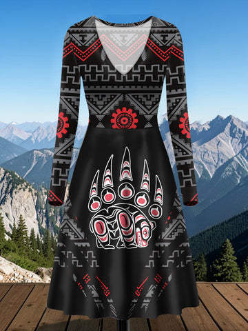 AQS0036 Bear Native American V-Neck Long Sleeve Dress