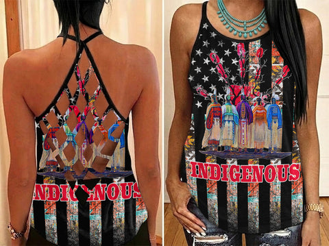 American Flag Native Tribe Feather Pride Criss-Cross Open Back Tank Top