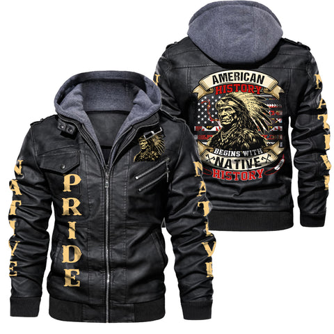 American History Begins With Native History 2D Zip Leather Jacket with Hood - NAT240722-M002