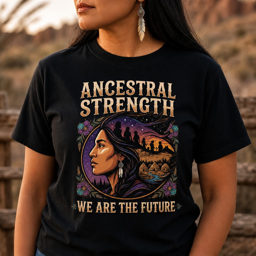 Ancestral Strength Portrait Graphic Native American-Inspired 2D T-Shirt TSm025
