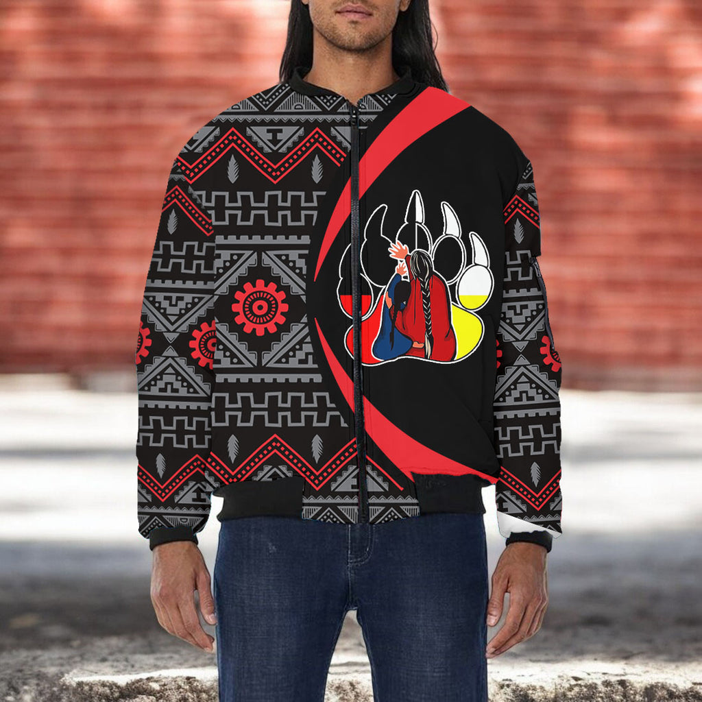 BB251225M05 Grandma Bear Native American Bomber Jacket With Sleeve Pocket