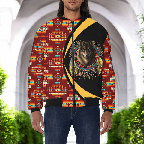 BB251225M14 Wolf Dreamcatcher Native American Bomber Jacket With Sleeve Pocket