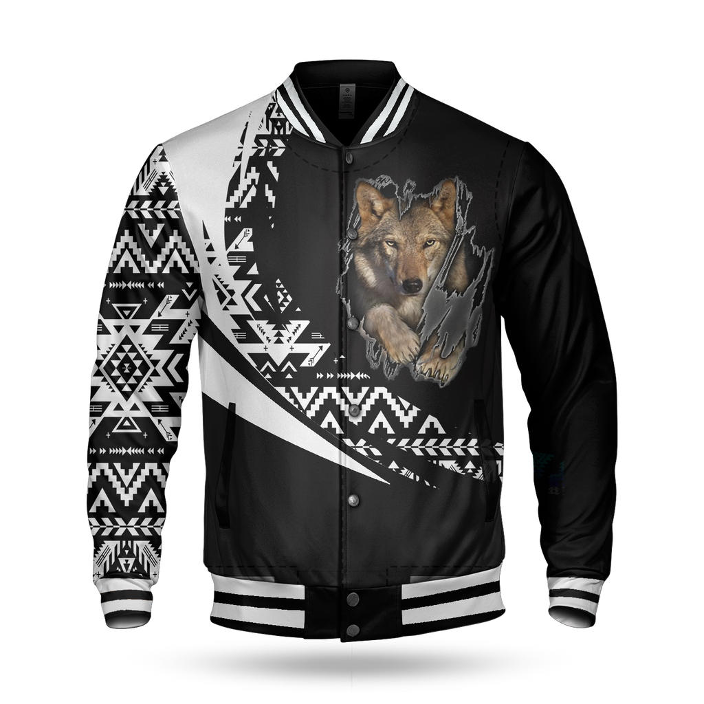 BBJ0022 Wolf Pattern Native American Baseball Jacket