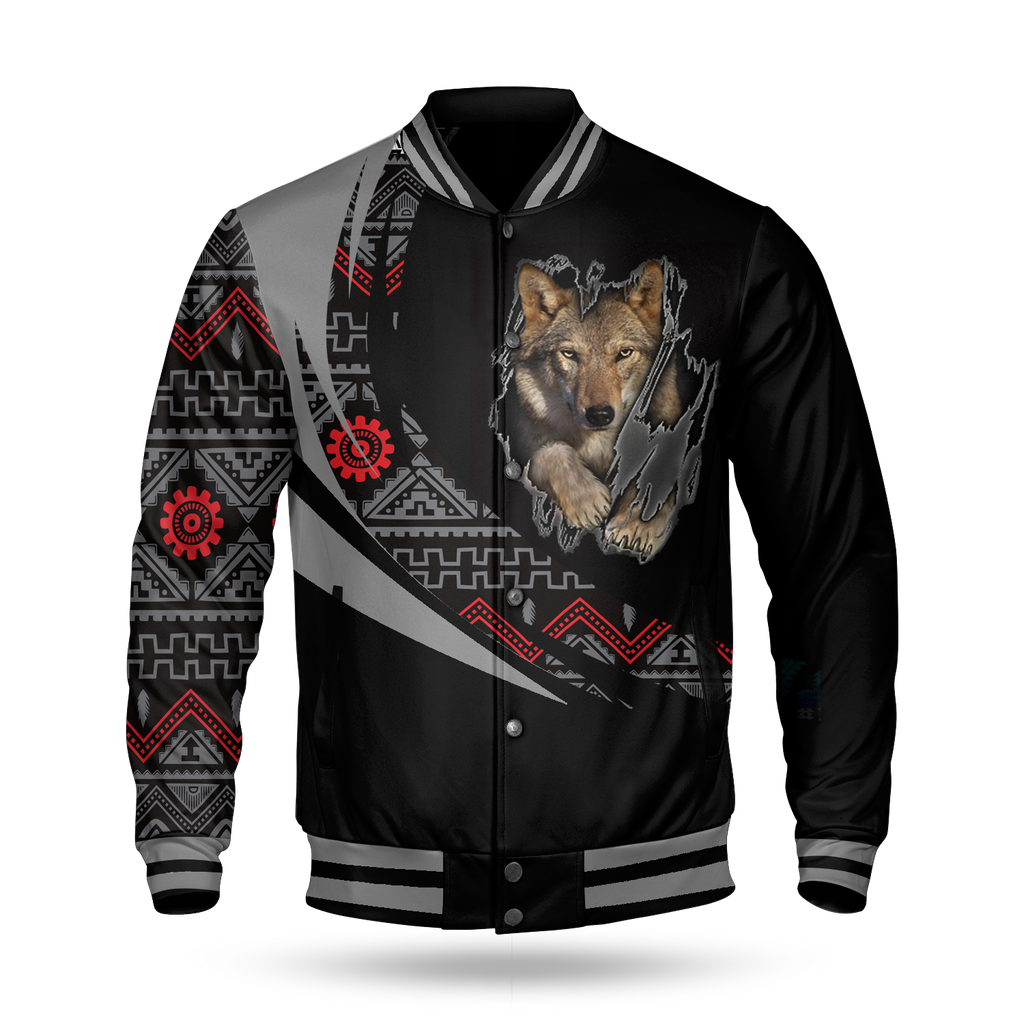 BBJ0023 Wolf Pattern Native American Baseball Jacket