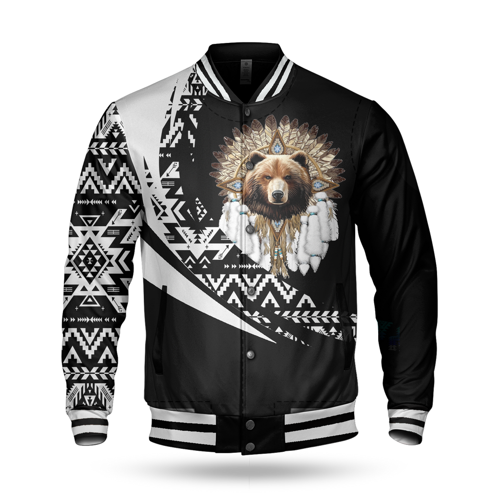 BBJ0026 Bear Pattern Native American Baseball Jacket