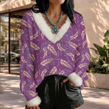BLK0013 Native American Faux Knit V-Neck Sweater Top with Fur Trim