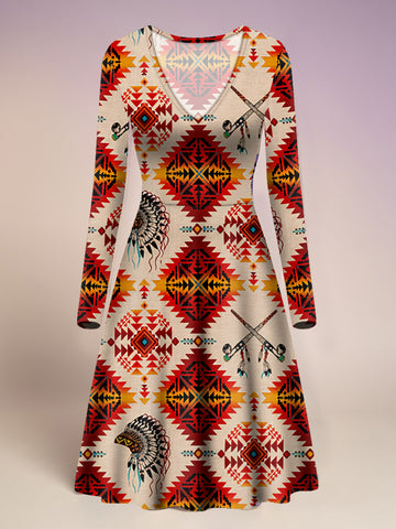 BLK0044 Native American V-Neck Long Sleeve Dress