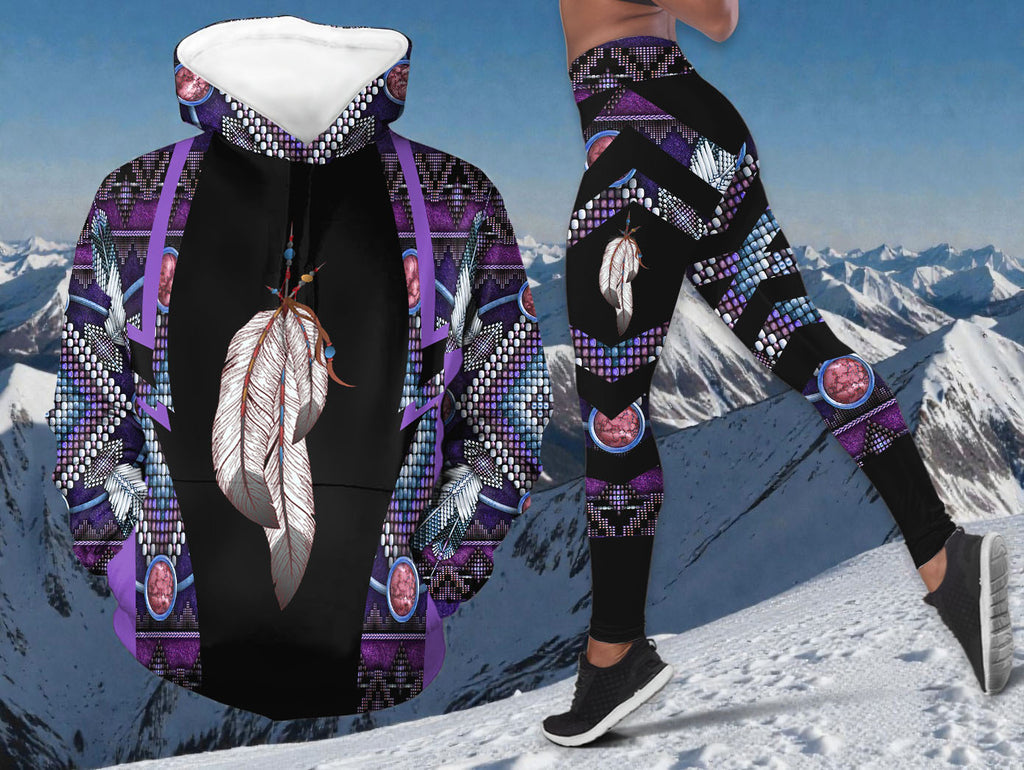 BS-000182 Feather Native American Hoodie Leggings Set