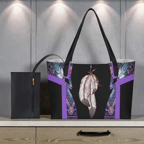 BS-000182 Feather Native American Shopping Tote Bag With Black Mini Purse