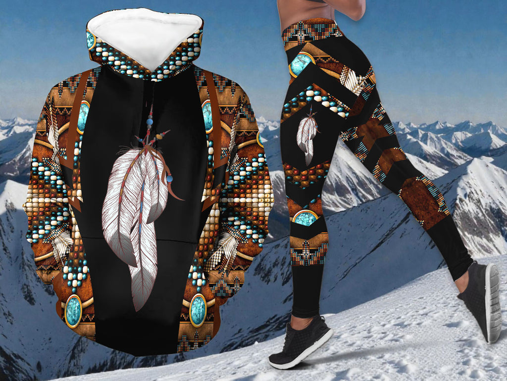 BS-000193 Feather Native American Hoodie Leggings Set