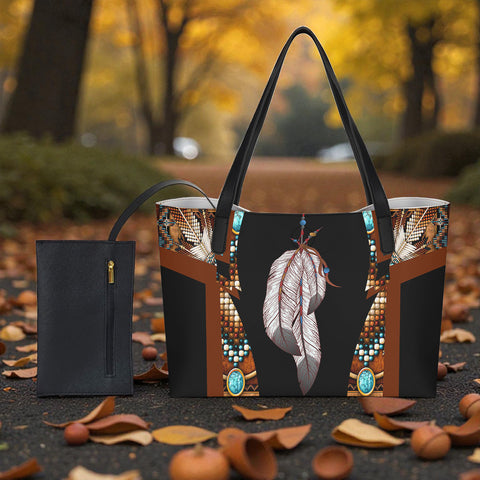BS-000193 Feather Native American Shopping Tote Bag With Black Mini Purse