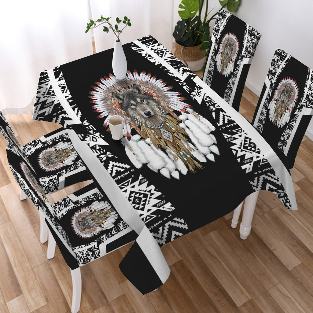 BS-000195 Wolf Chief Native American 5pcs Dining Table Set - Tablecloth