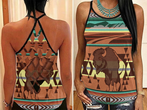 BS-00031 Bison Native American Criss-Cross Open Back Tank Top