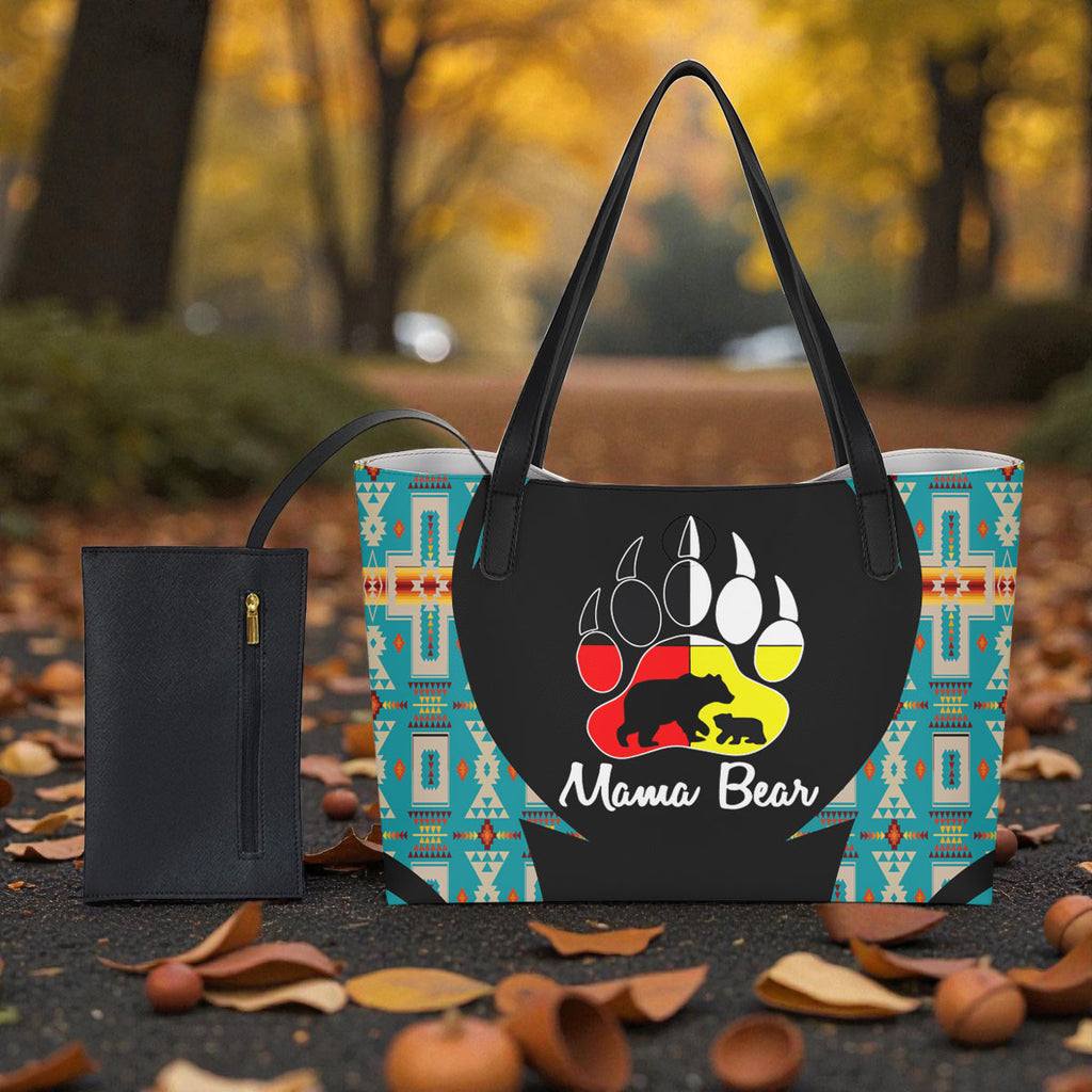 BS-000356 Mama Bear Native American Shopping Tote Bag With Black Mini Purse