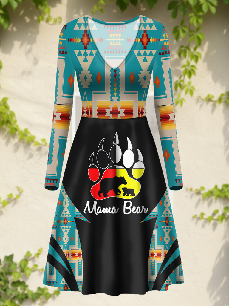 BS-000356 Mama Bear Native American V-Neck Long Sleeve Dress