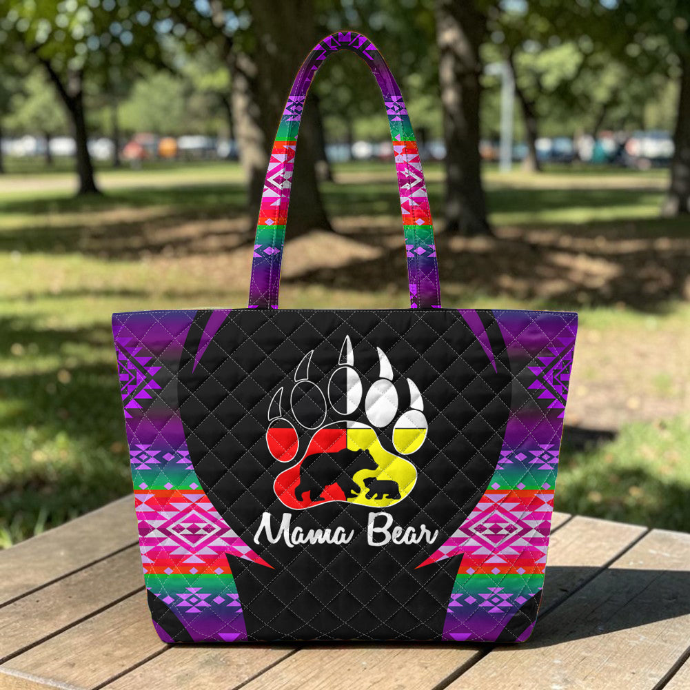 BS-000358 Mama Bear Native American Quilted Shoulder Tote Bag