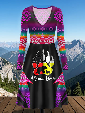 BS-000358 Mama Bear Native American V-Neck Long Sleeve Dress
