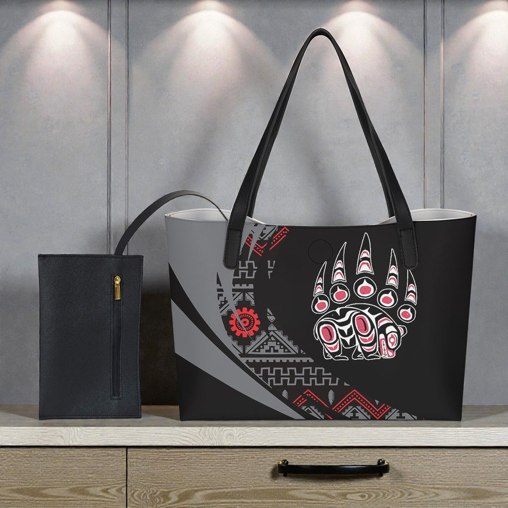BS-000374 Bear Native American Shopping Tote Bag With Black Mini Purse