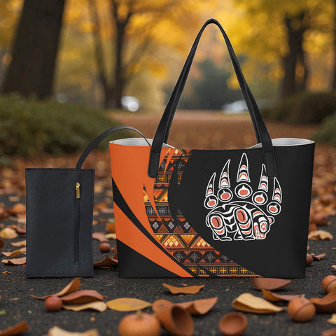 BS-000382 Bear Native American Shopping Tote Bag With Black Mini Purse