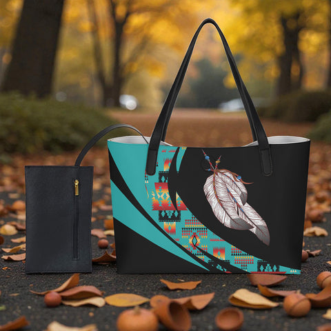 BS-000391 Feather Native American Shopping Tote Bag With Black Mini Purse
