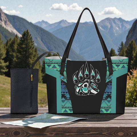 BS-000403 Bear Native American Shopping Tote Bag With Black Mini Purse