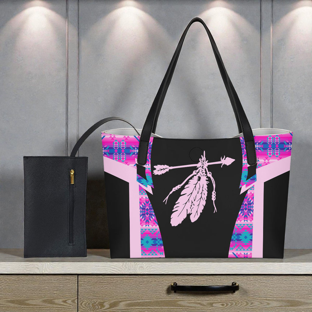 BT250312M17 Feather Native American Shopping Tote Bag With Black Mini Purse