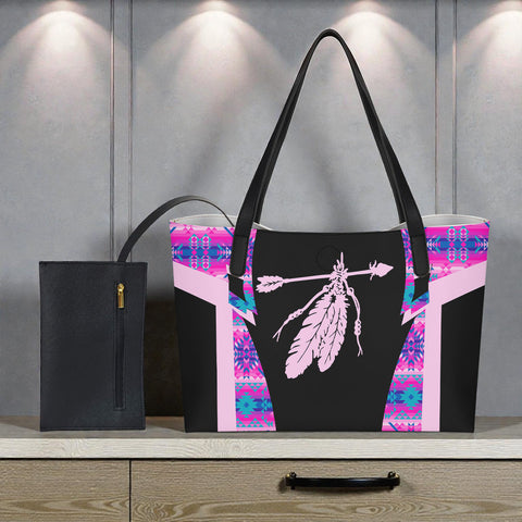 BT250312M17 Feather Native American Shopping Tote Bag With Black Mini Purse